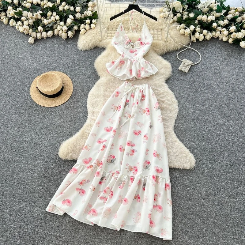 

French vacation style floral two-piece set women's summer new suspender ruffle edge waist cinched top+slimming long skirt