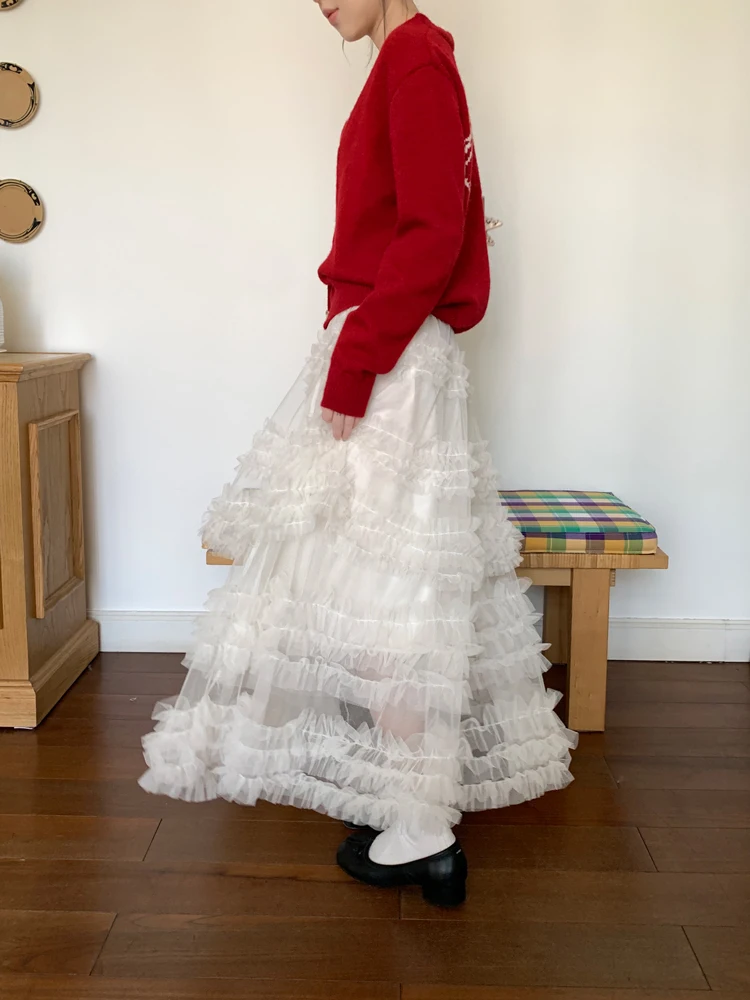 

SML Summer Female Ball Grown Cake Skirts 2025 Women High Waist long A line Mesh skirts womens Maxi Long Skirt Female (Xy3697