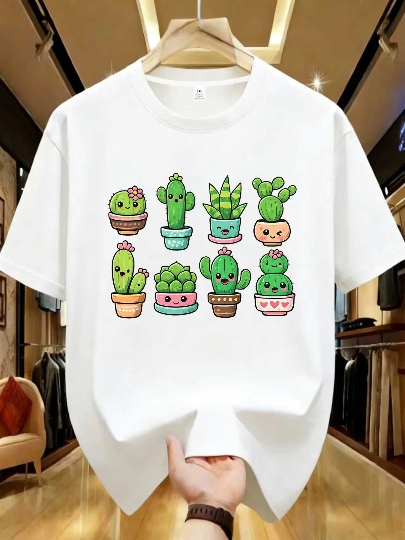 

【WZM102184】Cactus print plus size women's round neck summer casual short sleeved street fashion versatile plus size T-shirt