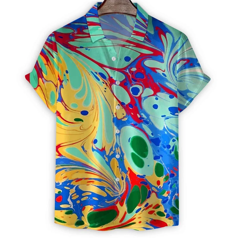 Colorful Art Painting Hawaiian Shirt Men Summer Vacation Short Sleeves Loose Tees Cool Street Button Lapel Blouse Tops Clothes