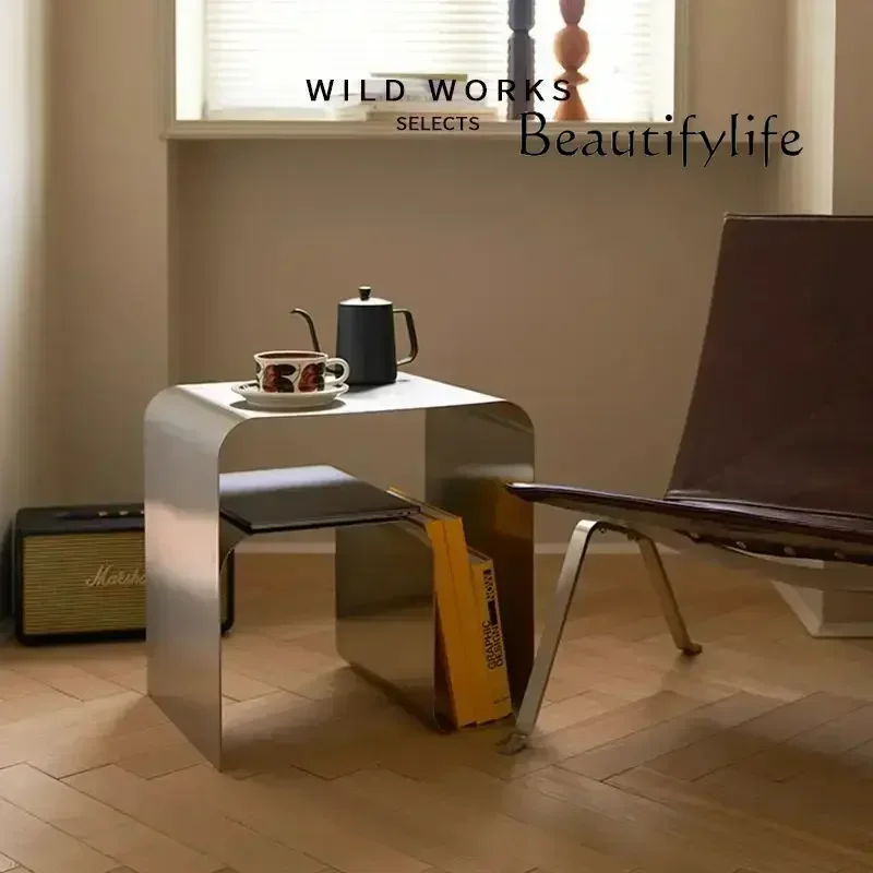 

BJ Nordic Modern Stainless Steel Side Table, Curved Accent End Table With Open Storage For Living Room Bedroom Nightstand
