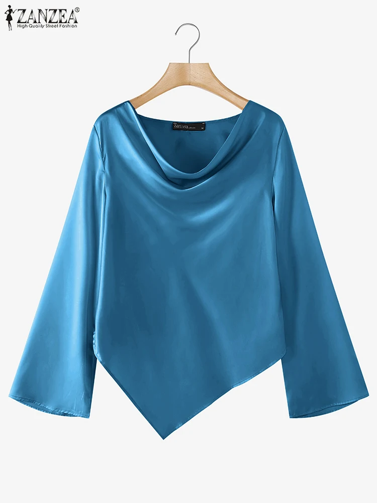 2025 ZANZEA Autumn Elegant OL Silk Blouse Irregular Hem Satin Fashion Blusas Cowl Neck Solid Color Tunics Long Flare Sleeve Tops