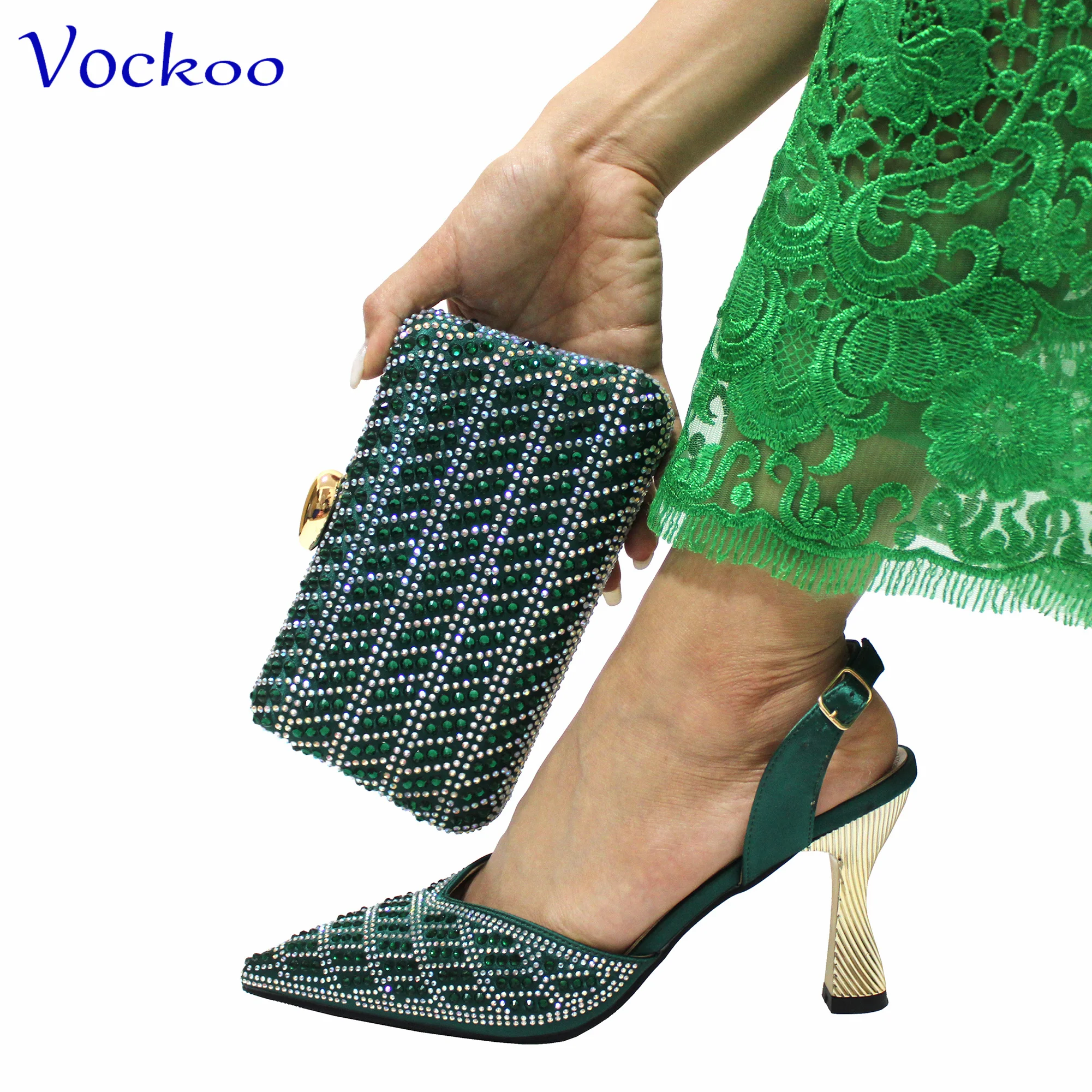 

Green Color New Coming Fashion Design Pointed Toe Shoes and Bag to Match High Quality Pumps for Wedding Party