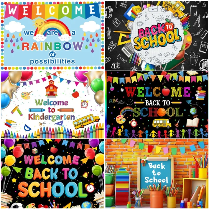 

First Day Back To School Welcome To Kindergarten Backdrops Kids Child Portrait Colorful Flag Blackboard Backgrounds Photocall