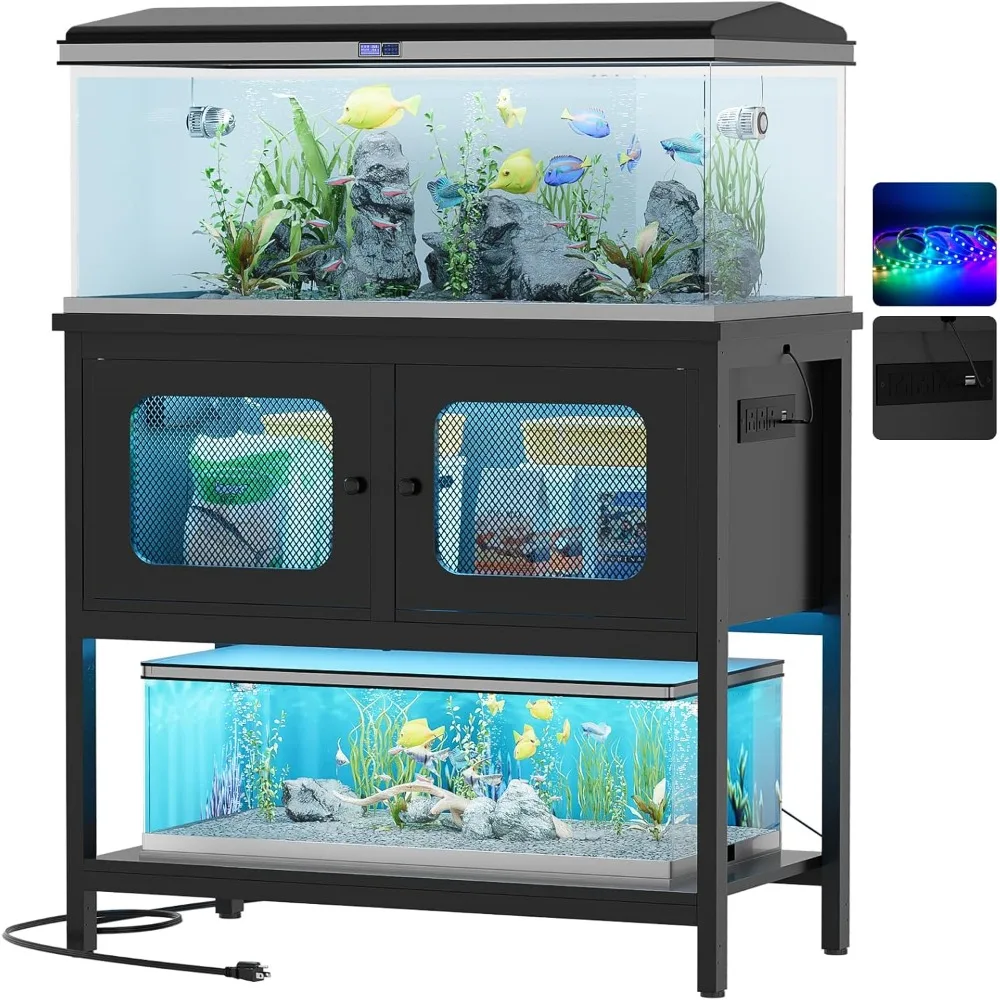 

40 Gallon Fish Tank Stand with Magic Power Outlets and Smart LED Lights, Aquarium Stand with Storage Cabinet