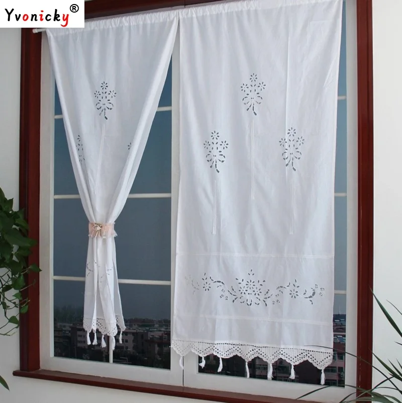 Pastoral Handmade Cotton Blackout Curtains, Crochet Hollow Out, Solid White Short Curtain, Rod Pocket Kitchen Blinds with Tassel