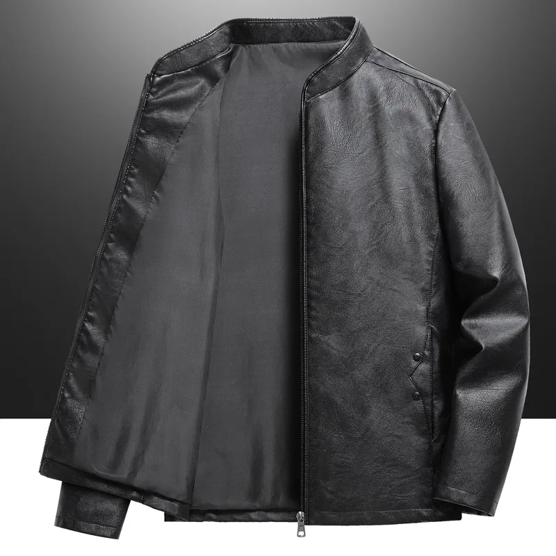

Men Leather Jacket Autumn Winter Motorcycle Punk Stand Collar Male Outerwear Long Sleeve Waterproof Windproof Man Plush Coat