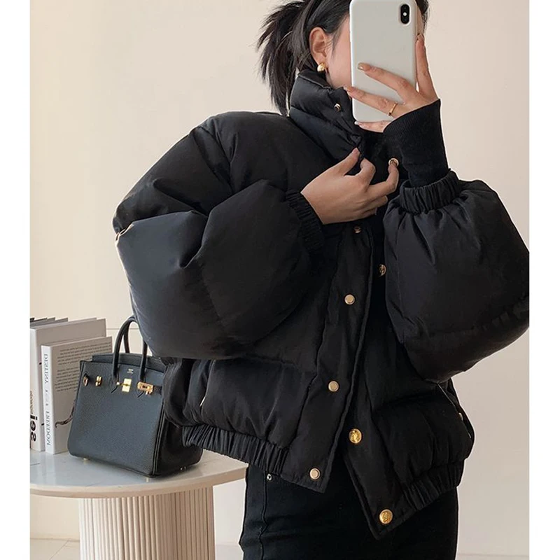 Gidyq Women Korean Parkas Winter Casual Streetwear Female Loose Cropped Puffer Coats Fashion Designed Button Puffy Jacket New