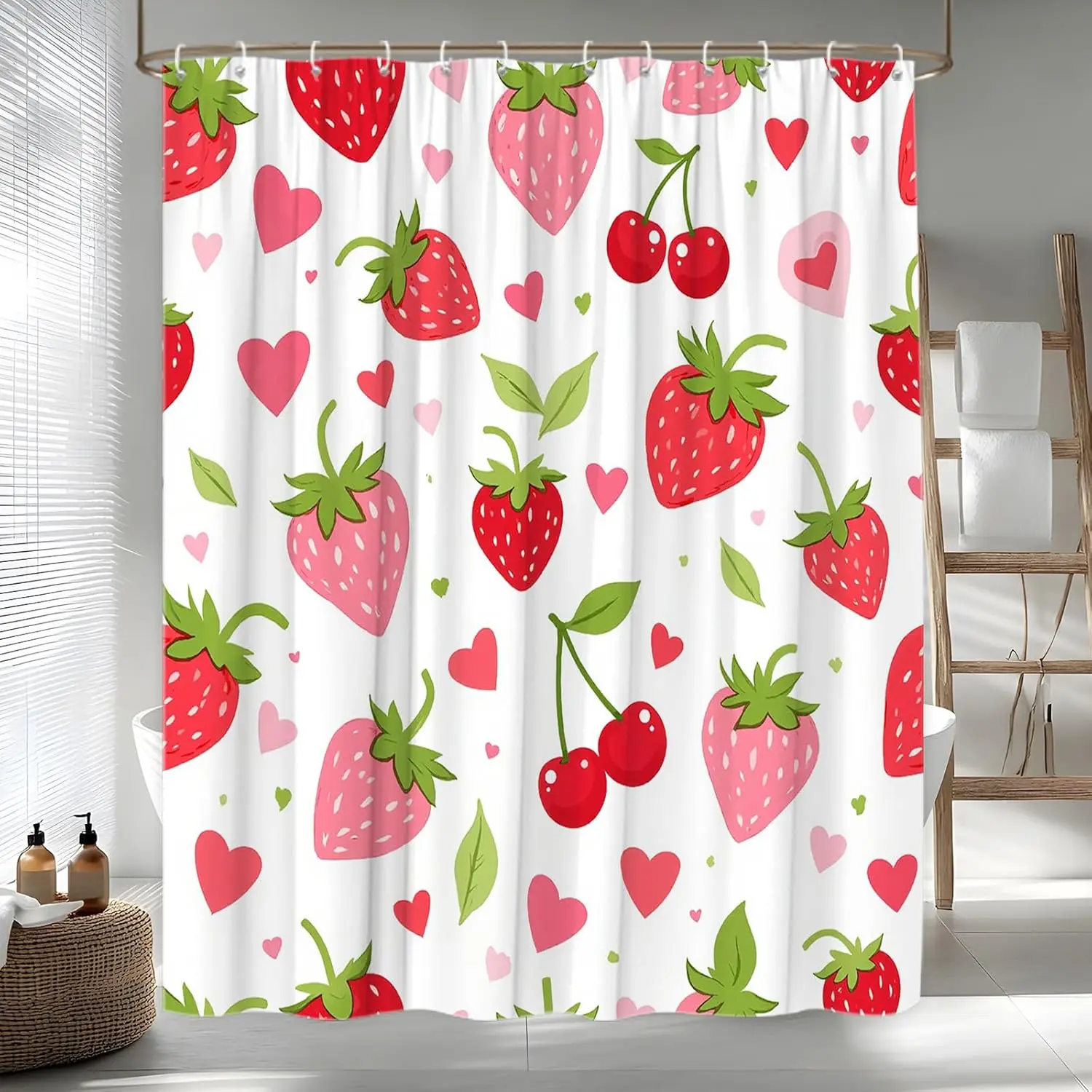 

Занавеска для душа с клубникой и вишней, тропические летние фрукты, розовые милые сладкие фрукты, забавные зеленые листья, эстетическая современная мода для девочек