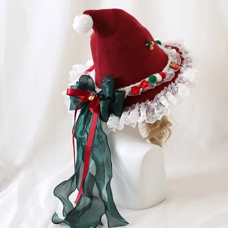 Sombrero de bruja de Navidad Original japonés Lolita, lazo de encaje, sombrero de cuento de hadas para mujer, accesorios de disfraces de fiesta, tocado con lazo