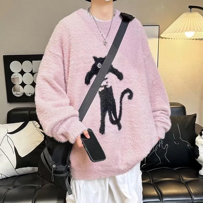 2024 Spring Mens Knitted Sweater American Street Fashion Cat Pattern Round Neck Knitwear Oversized High Street Hip Hop Pullovers