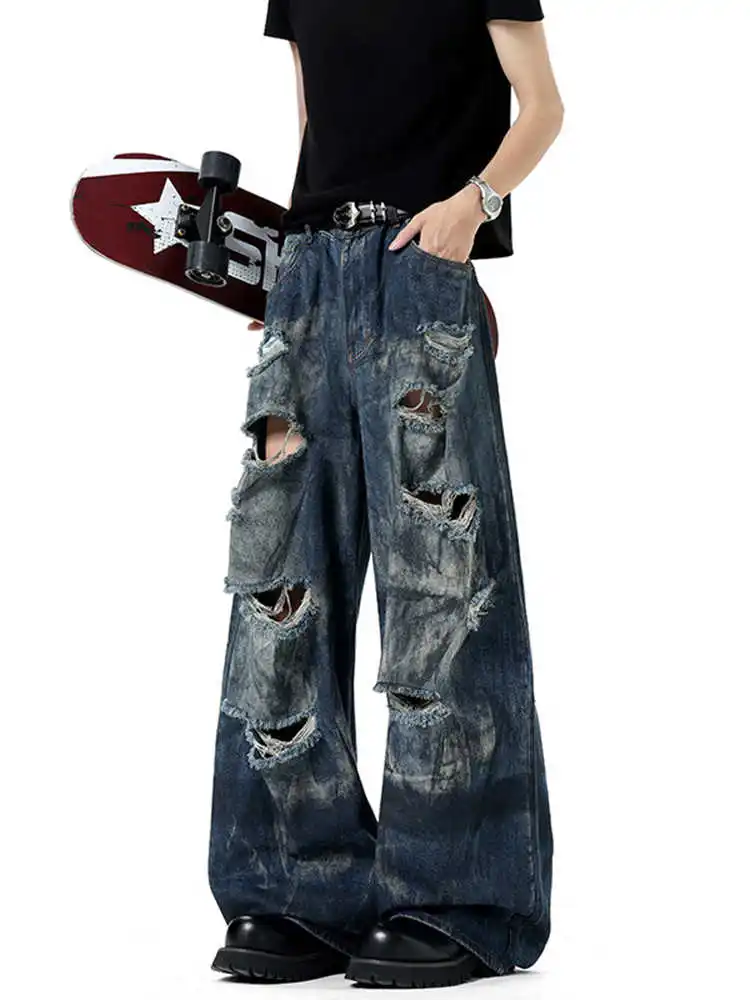 

Women Blue Y2k Baggy Ripped Jeans Harajuku Vintage Wasteland Style Grunge Hip Hop Denim Trouser Japanese 2000s Style Jeans Pants