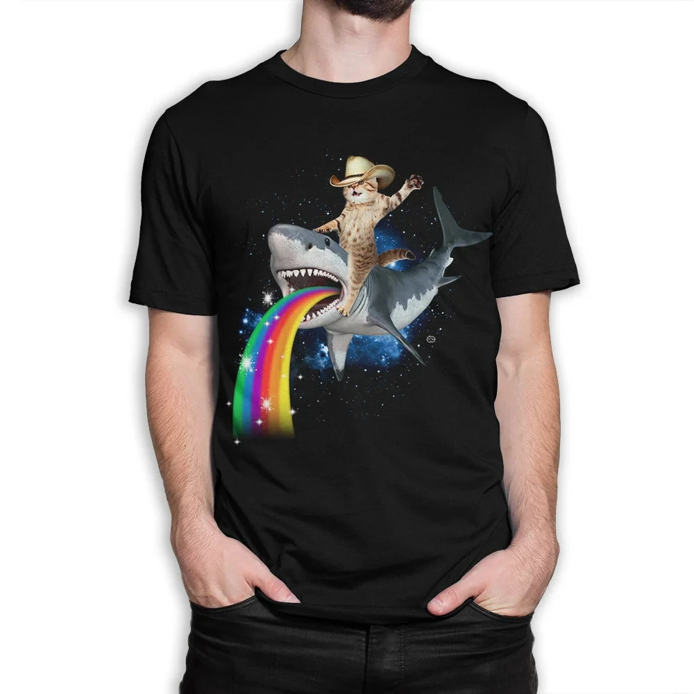 

Самая продаваемая забавная футболка с ковбойским котом и акулой, мужская уличная одежда в стиле ретро, высококачественная мужская футболка с круглым вырезом и короткими рукавами