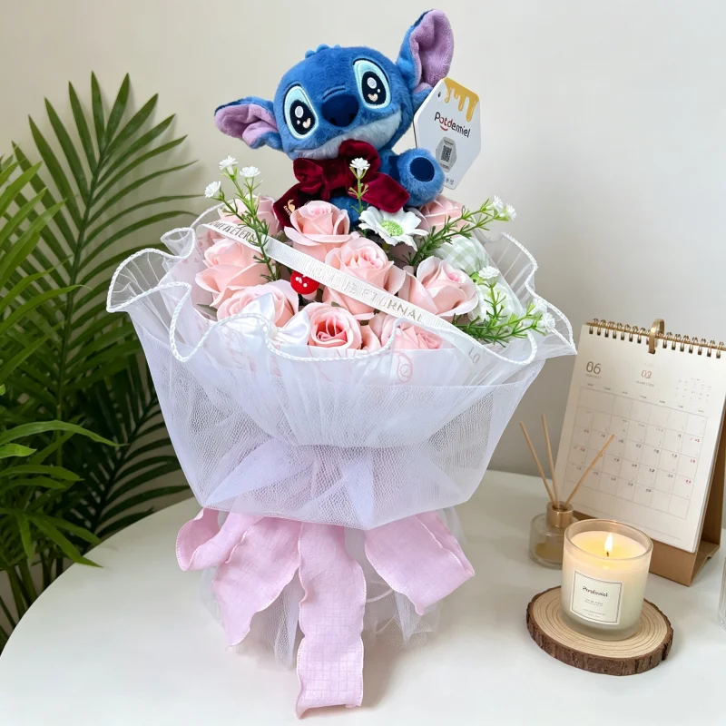 Echte Stitch Mickey Mouse Winnie Plüschpuppen mit Künstlichem Kreativem Blumenstrauß Valentinstag Weihnachten Abschlussgeschenke – Detail 10