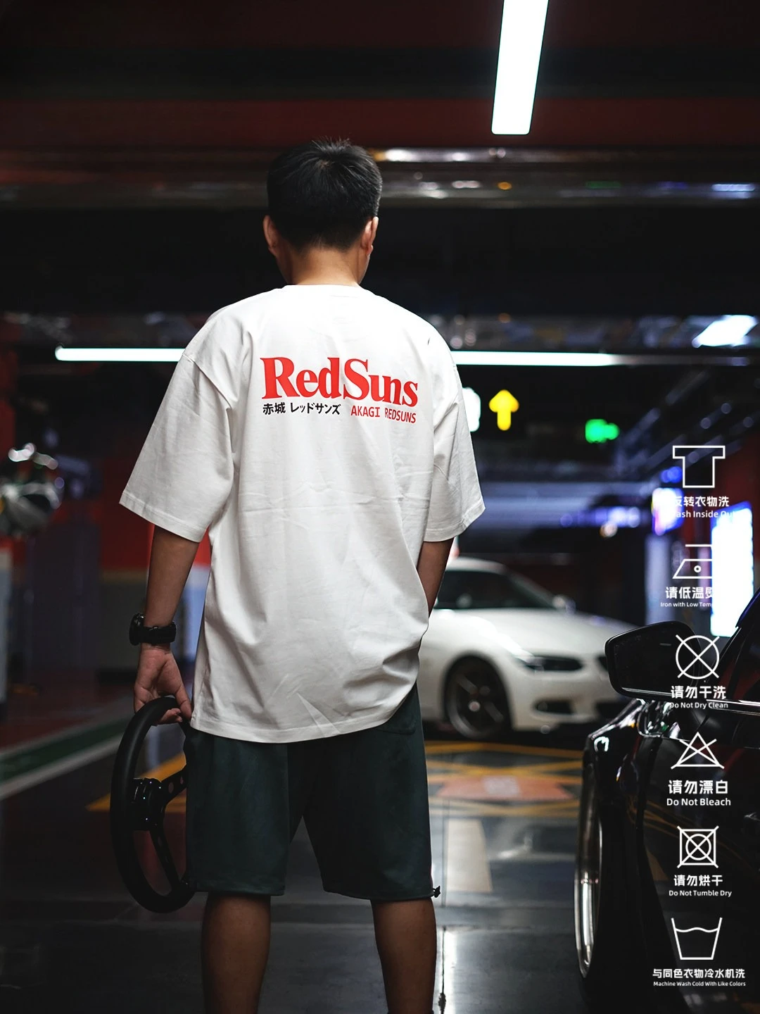 Men Vintage Initial D RedSuns Akagi Red Font Print T-shirt Drift Racing Loose Fit Cotton Casual Car Enthusiast Tops