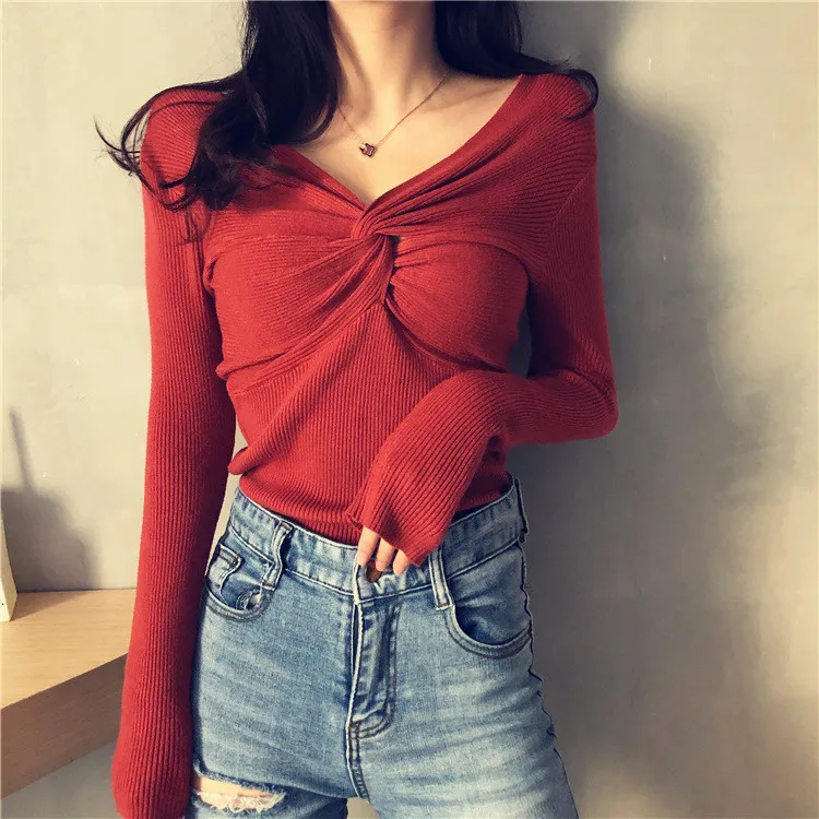 Sweaters Woman autumn/winter Long Sleeve V-neck Unlined Solid Color Knit Twist Casual Ladies Sweater Dropshipping LYY8999