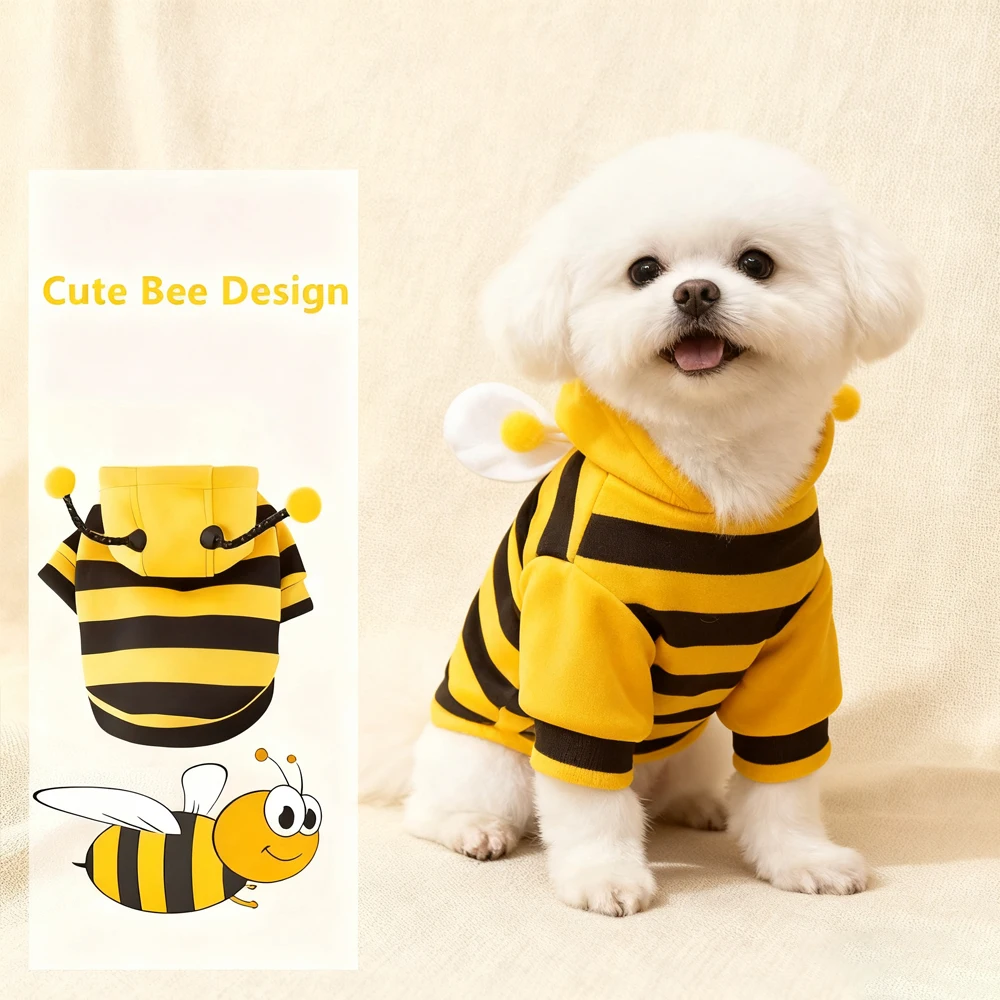 Sudadera con capucha de invierno premium para mascotas con diseño de abeja: forro de felpa gruesa y apertura de correa para perros pequeños y gatos, traje cálido