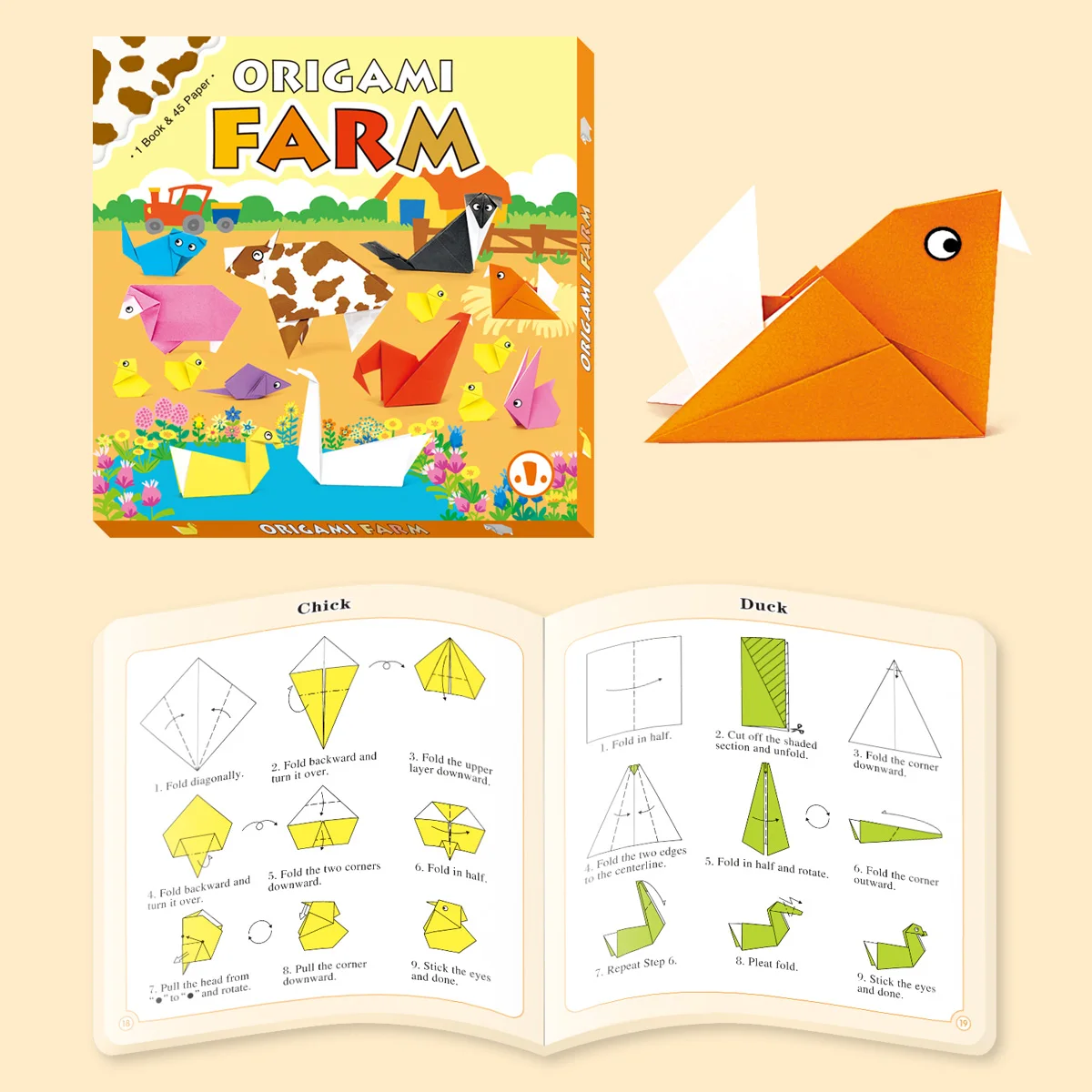 48-Piece Children's Farm Animal Origami Kit with Handmade Instructions Educational Book for Kids Aged 5-12 Years
