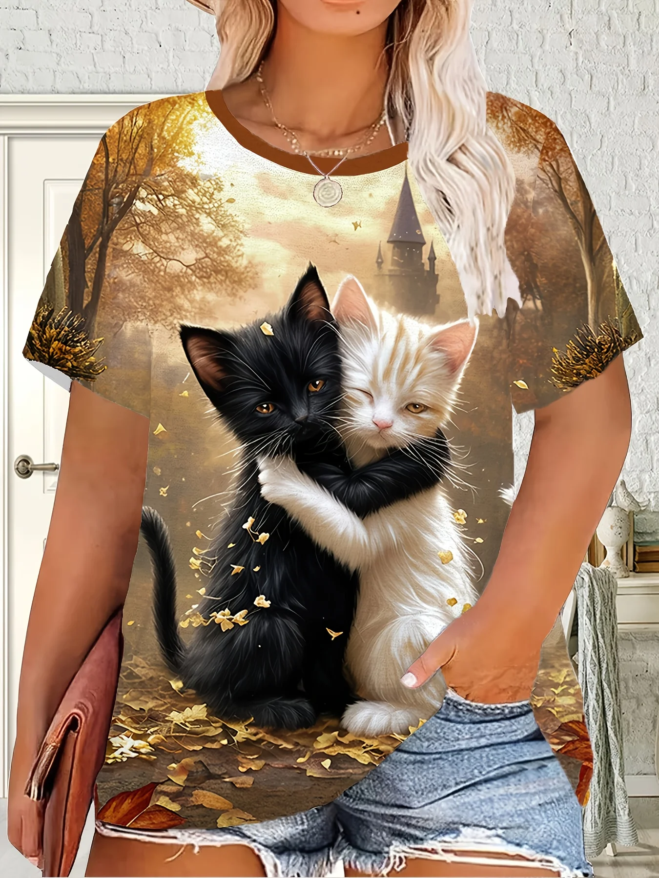 Damska koszulka z krótkim rękawem, z okrągłym dekoltem, z nadrukiem 3D, modna, wyszczuplająca, z motywem kreskówkowym, o luźnym kroju i dużych rozmiarach.