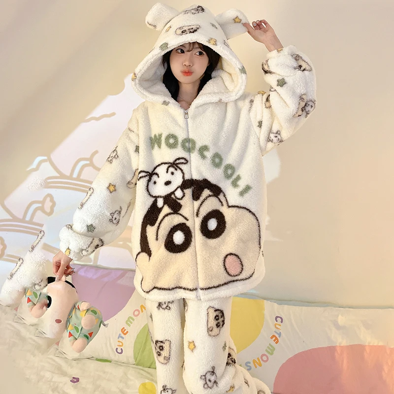 Anime Cartoon Crayon Shin Chans Coral Fleece Hooded Pajamas Kawaii Plus Velvet Thick Warm Loose and Comfortable Home Clothes