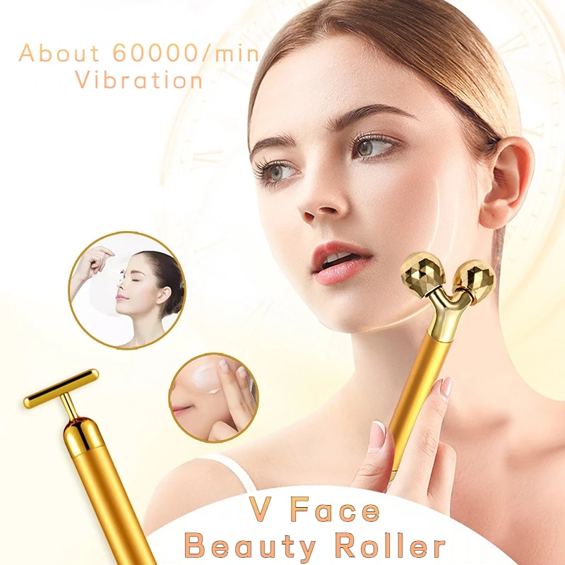 24K Face Massage Roller Electric Vibrating Y-shape Facial Roller V Face Facial Lifting Anti-Wrinkle Massage Tool Beauty Health