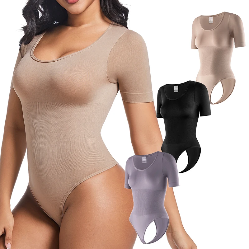 Корректирующее белье для женщин, сексуальный корсет с коротким рукавом и большим U-образным вырезом для похудения, формирователь тела, стринги, боди, корсет для контроля живота, тренажер для талии