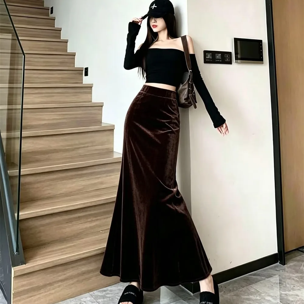 Elegant Velvet Shiny  Color Versatile High Waist Fish Tail Half Skirt Autumn New Arrival Women's Casual Mid-Length Skirt