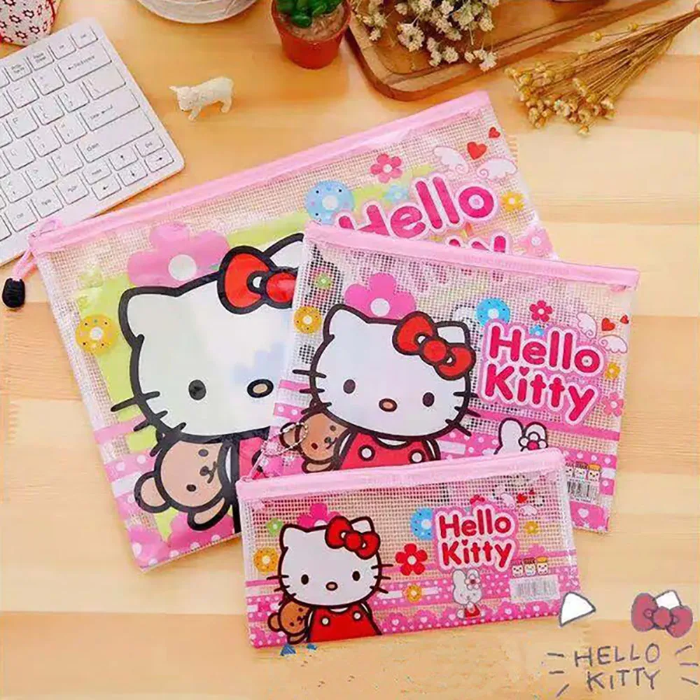 Creative and Cute Hello Kitty Cartoon cute Transparent Zipper File Bag Office Plastic Folder Student Stationery Storage Bag