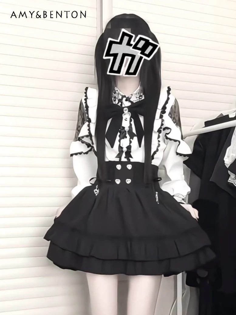 

Женская рубашка с длинным рукавом в стиле японской Лолиты, оригинальная милая кружевная рубашка с открытыми плечами и бантом, милая свободная повседневная рубашка, топ