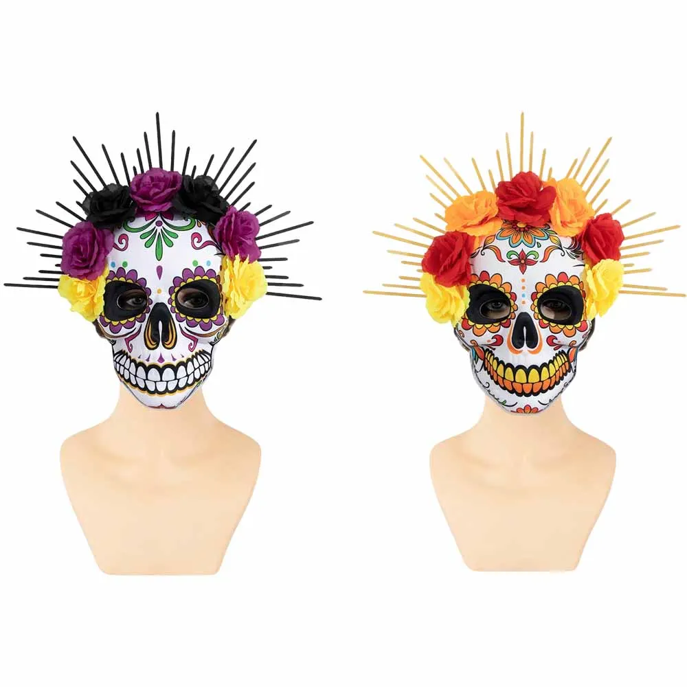 패션 멕시코 죽은 자의 날 풀 페이스 마스크 할로윈 인공 꽃 왕관 EVA 해골 마스크 여성 남성 파티 코스프레 소품