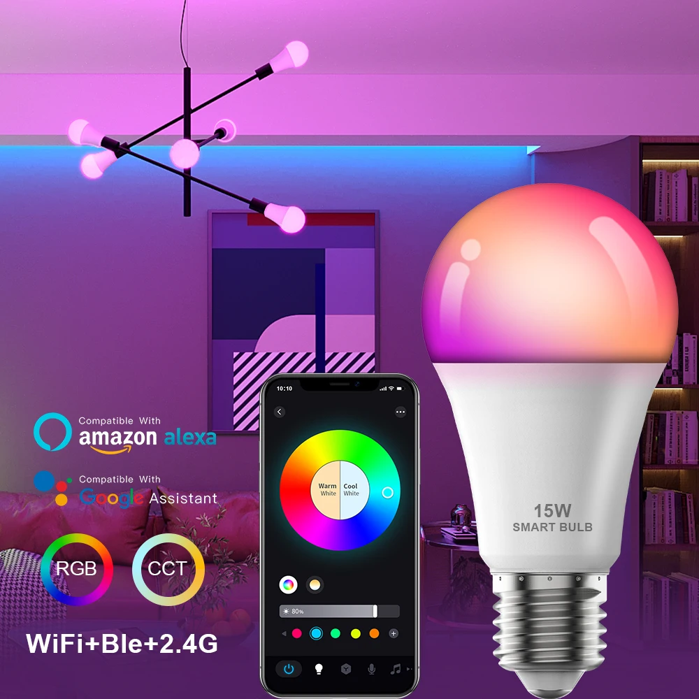 Smart Light Bulb 15W 110V WiFi E27 LED RGB Lamp Compatible With Alexa Google Assistant Siri Voice Control RGB+CCT Dimmable Timer