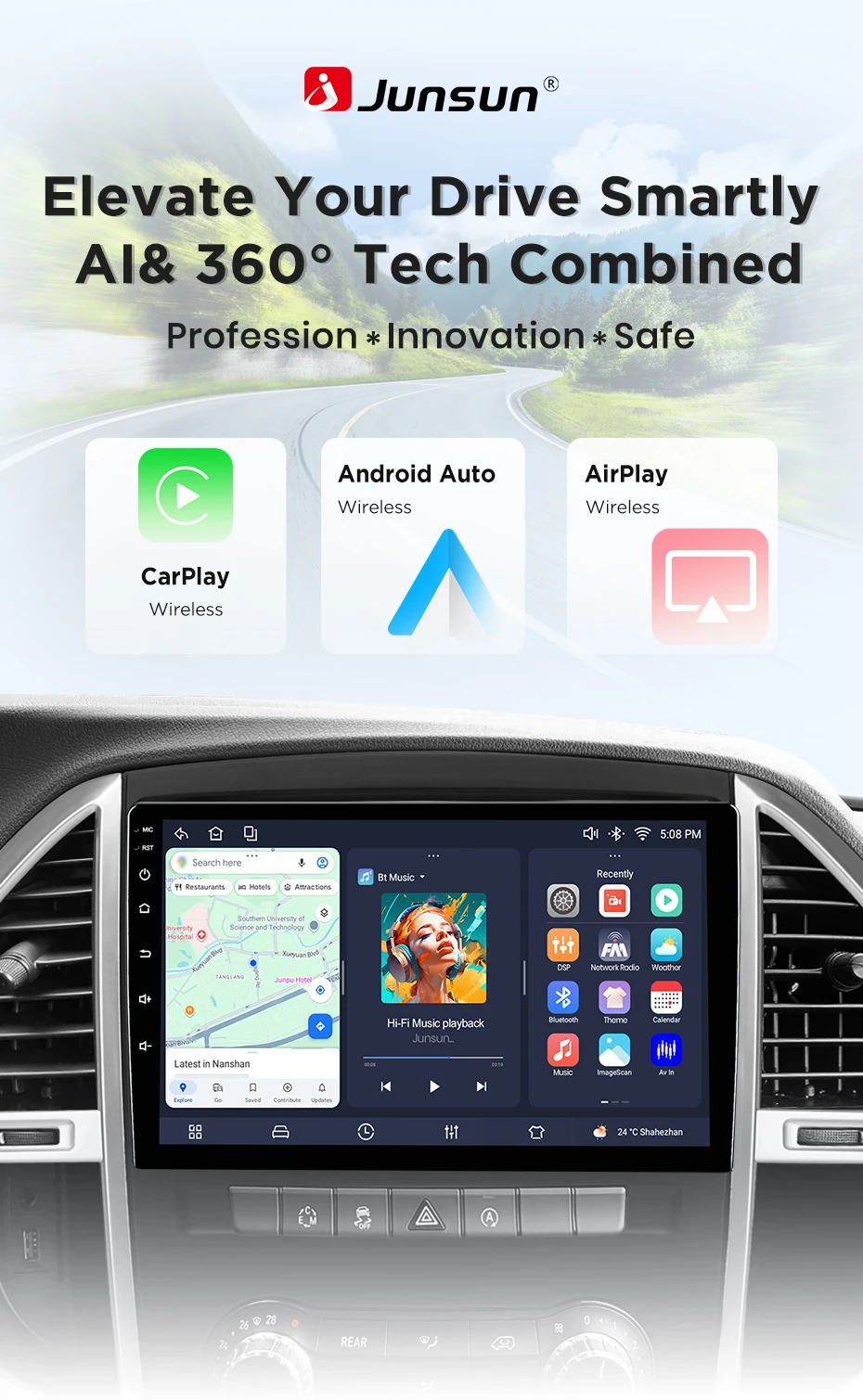 Junsun Kabelloses CarPlay Android Auto Autoradio für Mercedes Benz Vito W447 2014-2020 2 DIN Multimedia-Stereoanlage mit integriertem Lüfter GPS-Navigation SWC Bluetooth FM RDS DSP IPS-Bildschirm Intelligente Autosysteme 4G WiFi – Detail 4