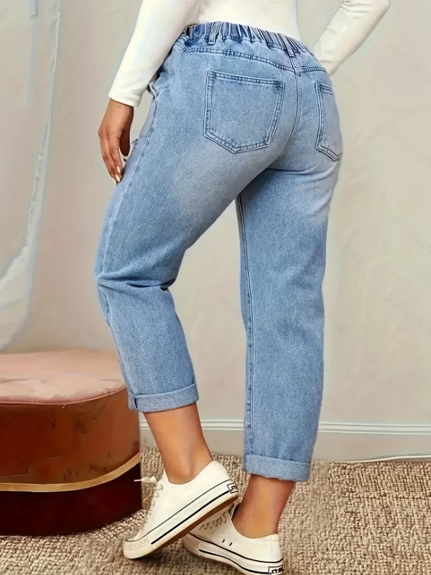 Light Blue Denim, Cropped Pants, Elastic Waistband with Drawstring