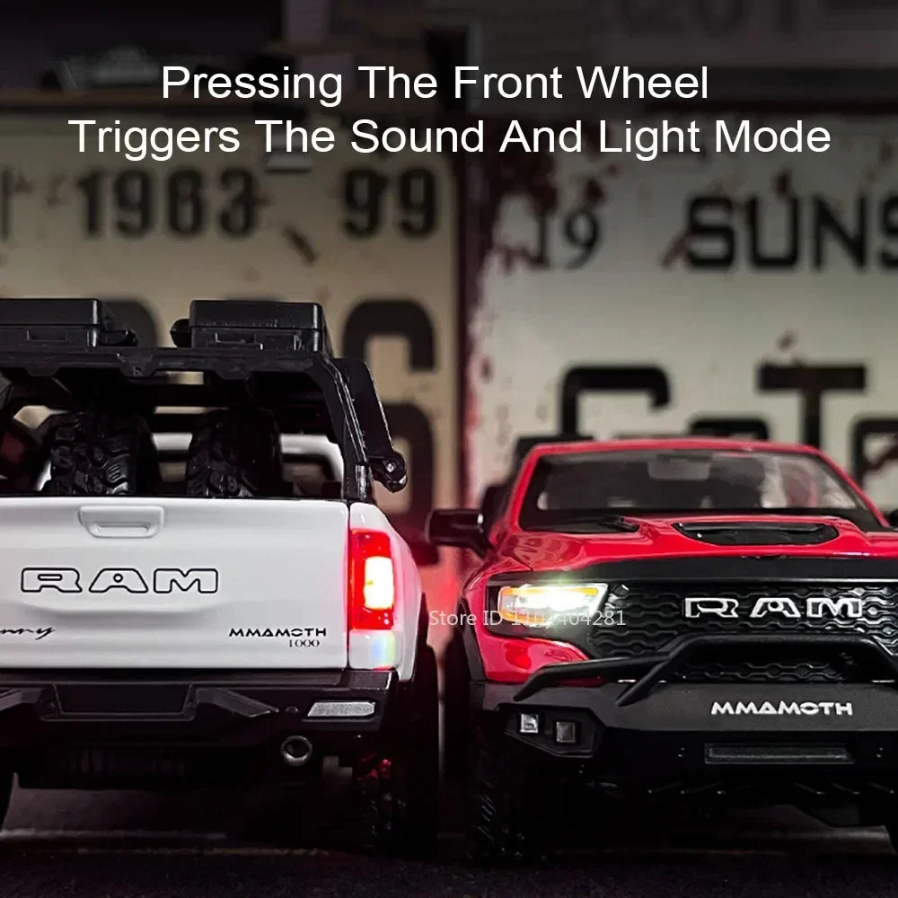 1:32 Mammut RAM Modello in miniatura in lega Diecast Pickup Giocattoli con luce sonora Tirare indietro Porte aperte Veicolo in metallo per ragazzo Giocattolo regalo