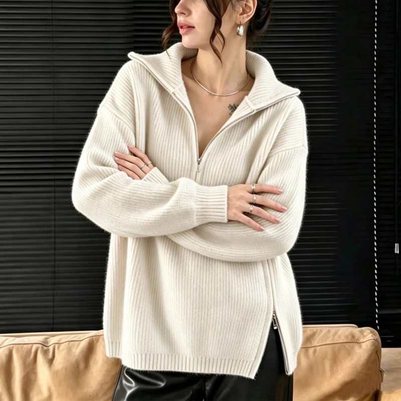 New Women Half Zipper Loose Sweater Autumn Winter Knitwear Turn-down Collar Soft Knitted Jumper Basic Side-slit Pullover Top