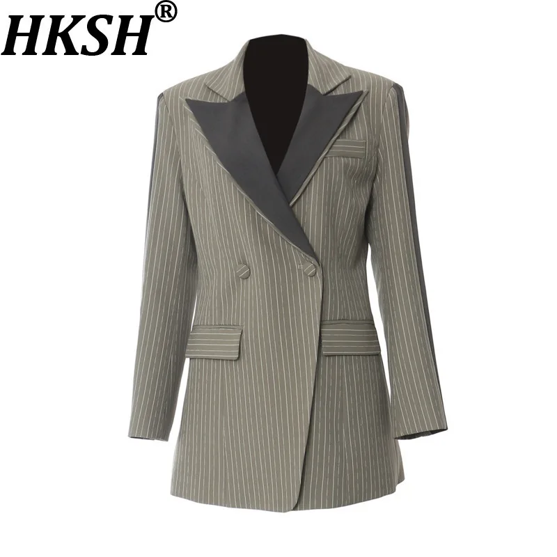

HKSH осенний новый женский пиджак в полоску в стиле пэчворк контрастного цвета с двухслойным воротником на талии, офисное женское шикарное пальто HK10673