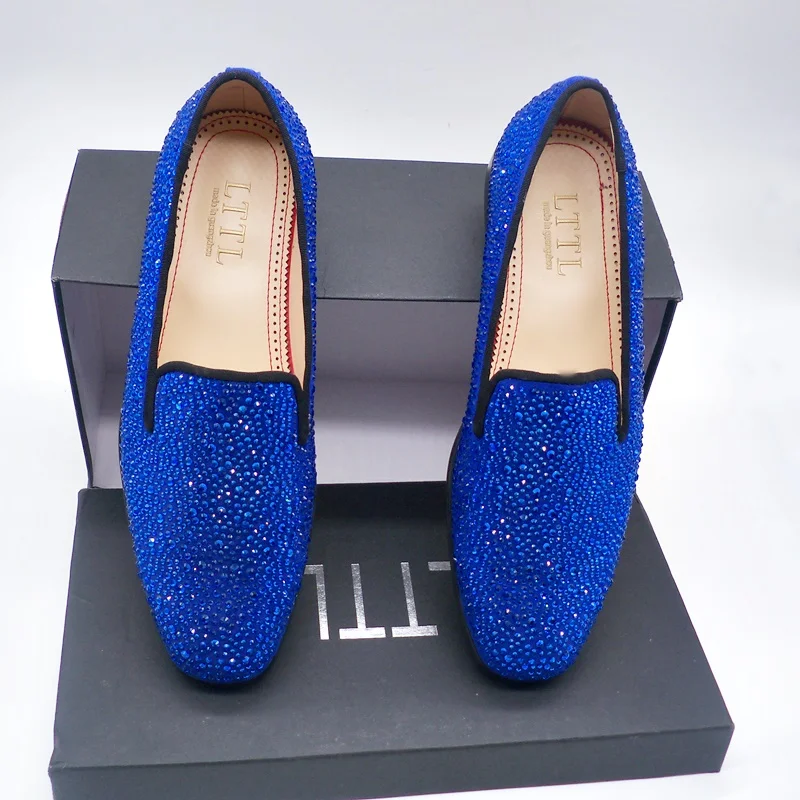 British Style Blue Rhinestone Loafers Dress Shoes For Men Luxury Slip On Men's Flats Suede Leather Casual Shoes