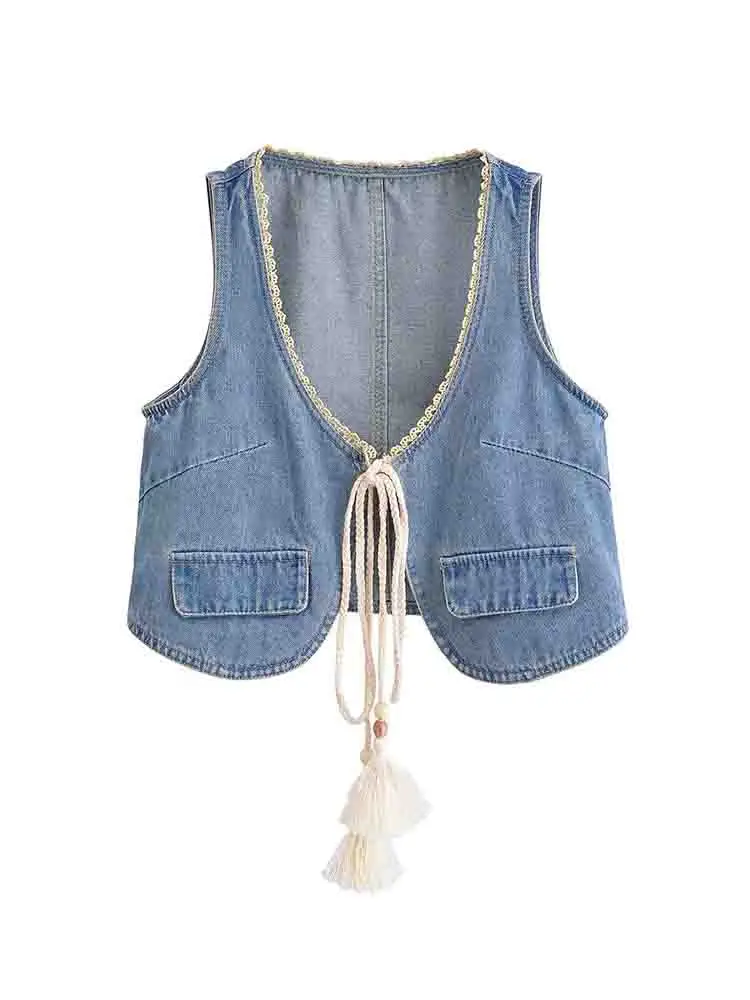 

Women's 2025 new fashion flip cover decoration short V-neck denim top retro sleeveless lace up women's vest chic top ﻿