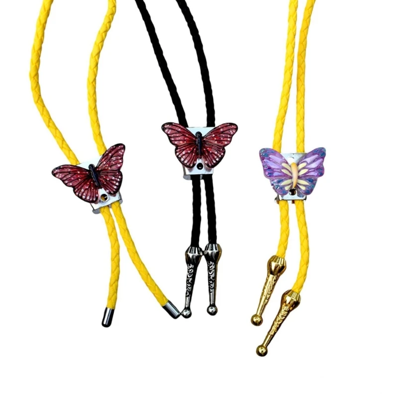 Elegant Butterfly Pendant Bolo Tie Braided Leather Cord Necktie Western Necklace for Weddings and Festivals Concerts