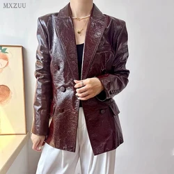 Women's Genuine Leather Sheepskin Coats Autumn Lapel Two Buttons Burgundy Long Loose High-Grade Waxed Goatskin Suit Jacket Lady