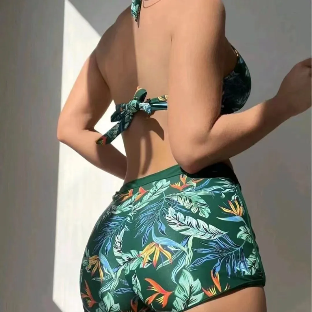Women's Green Floral Printed High-Waist Bikini Set Sexy Backless Two-Piece Swimsuit Summer Lace Up Beach Holiday Bathing Suit
