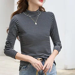 #0365 Spring Autumn Striped T Shirt Women Long Sleeve Slim Fit Turtleneck T Shirt Femme Office Elegant Tee Shirt Femme Warm