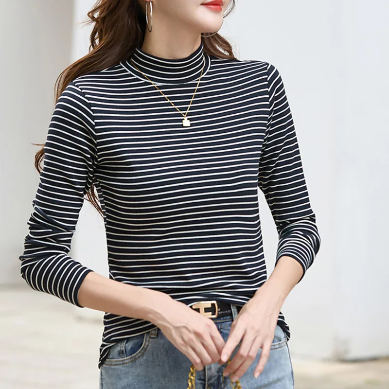 # 0365 Wiosna Jesień Koszulka w paski Kobiety Długi rękaw Slim Fit Turtleneck T Shirt Femme Office Elegancka koszulka Femme Warm