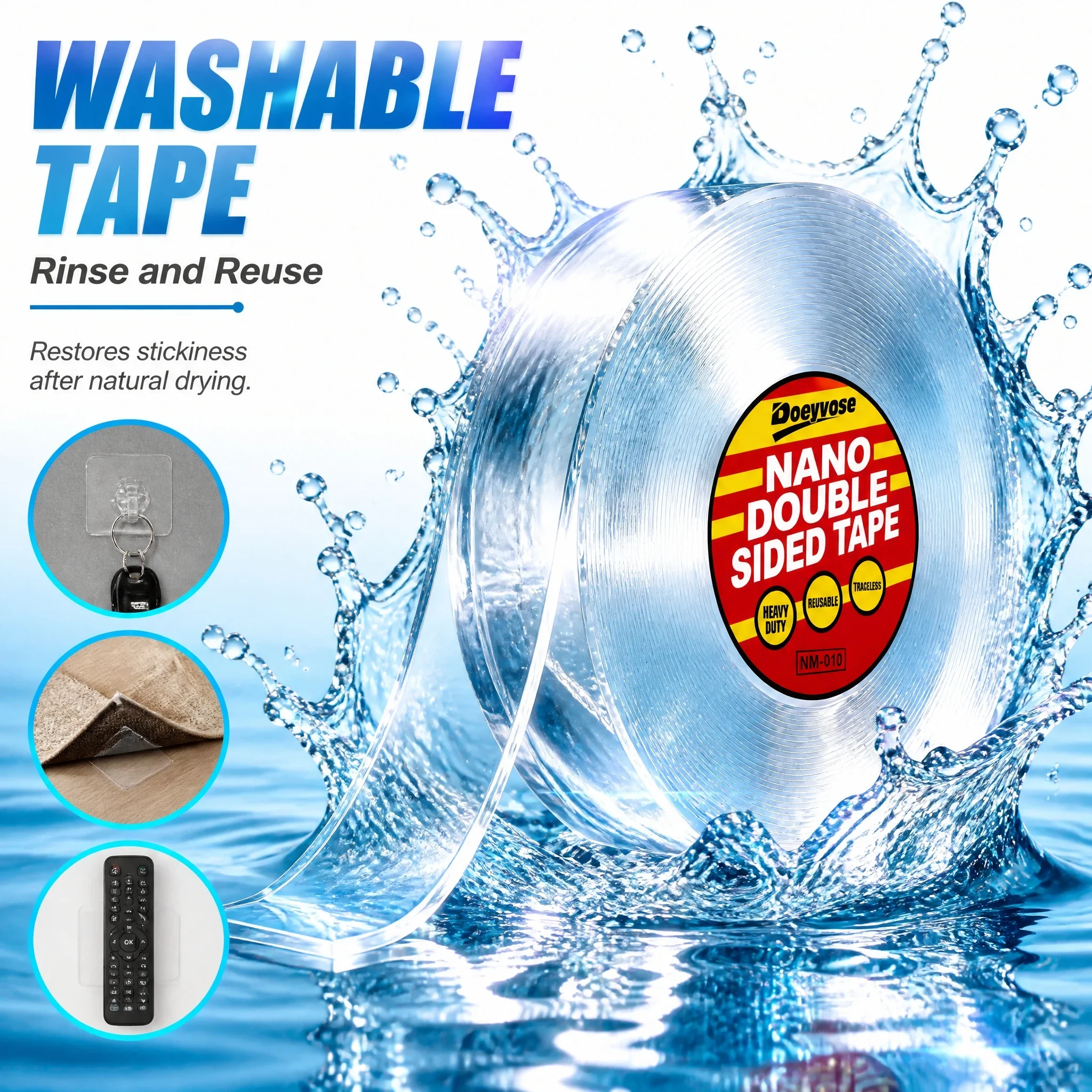 Heavy Duty Nano Double Sided Tape Waterproof Clear Traceless Reusable Home Decor Strip