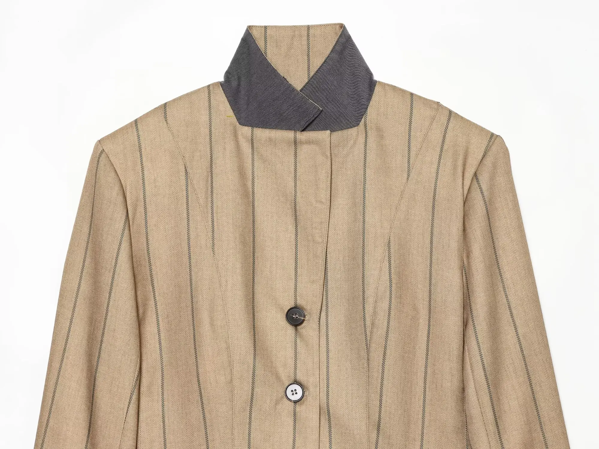 TFMLN Damen Blazer mit Streifenmuster und Stehkragen, schlank geschnitten, lässig, einreihig, Retro-Bürojacke, Oberbekleidung, modische Pendlerjacke – Detail 4