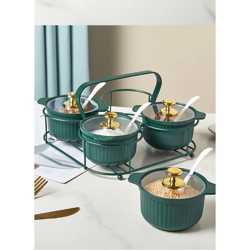 L321 Kitchen Accessories Metal Storage Seasoning Box Salt and Pepper Container 4-Color Spice Jar Set with Spoon