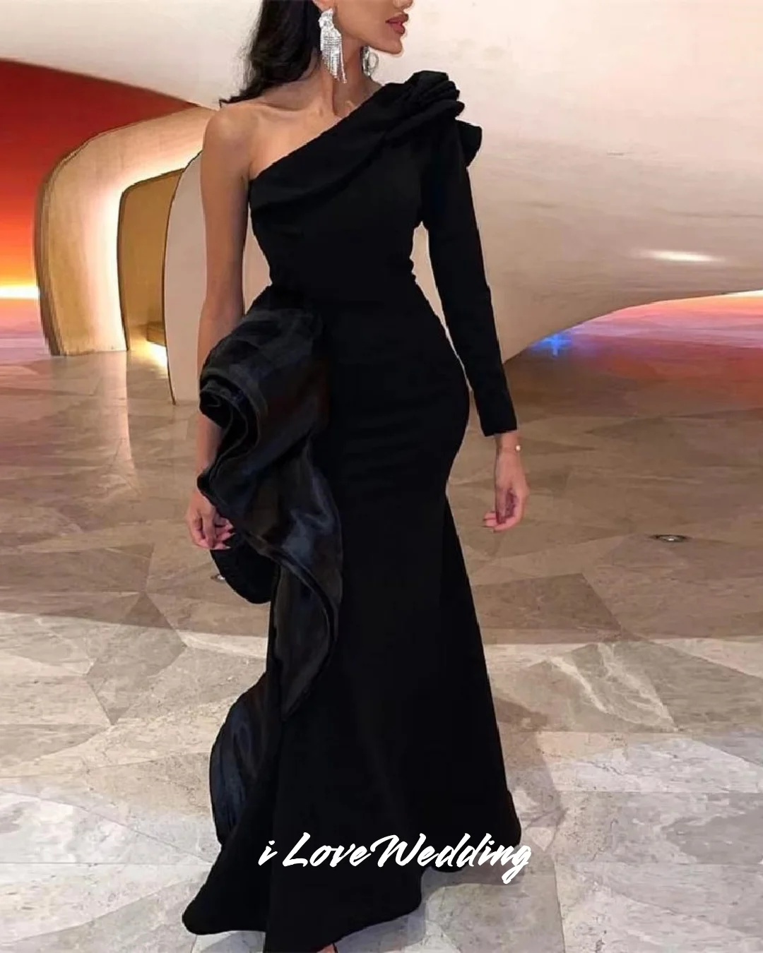

Black One Shoulder Evening Dress 2025 Long Sleeve Mermaid Ruffles Floor-Length Pleated Prom Dress Wedding Party Dress Customized