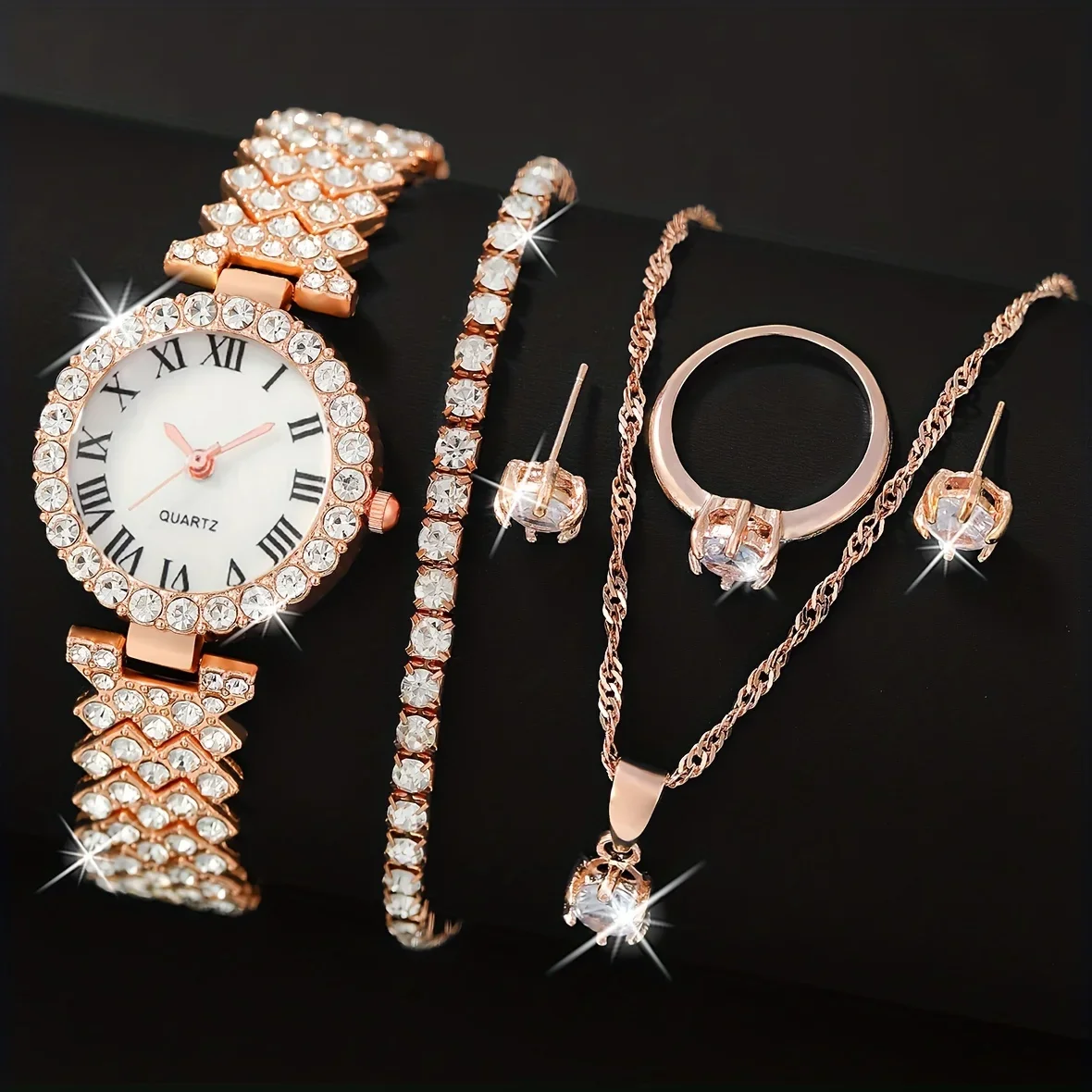 6 шт./компл. женские часы, роскошные кварцевые часы со стразами, римские модные аналоговые наручные часы и комплект украшений, подарок для мамы и нее