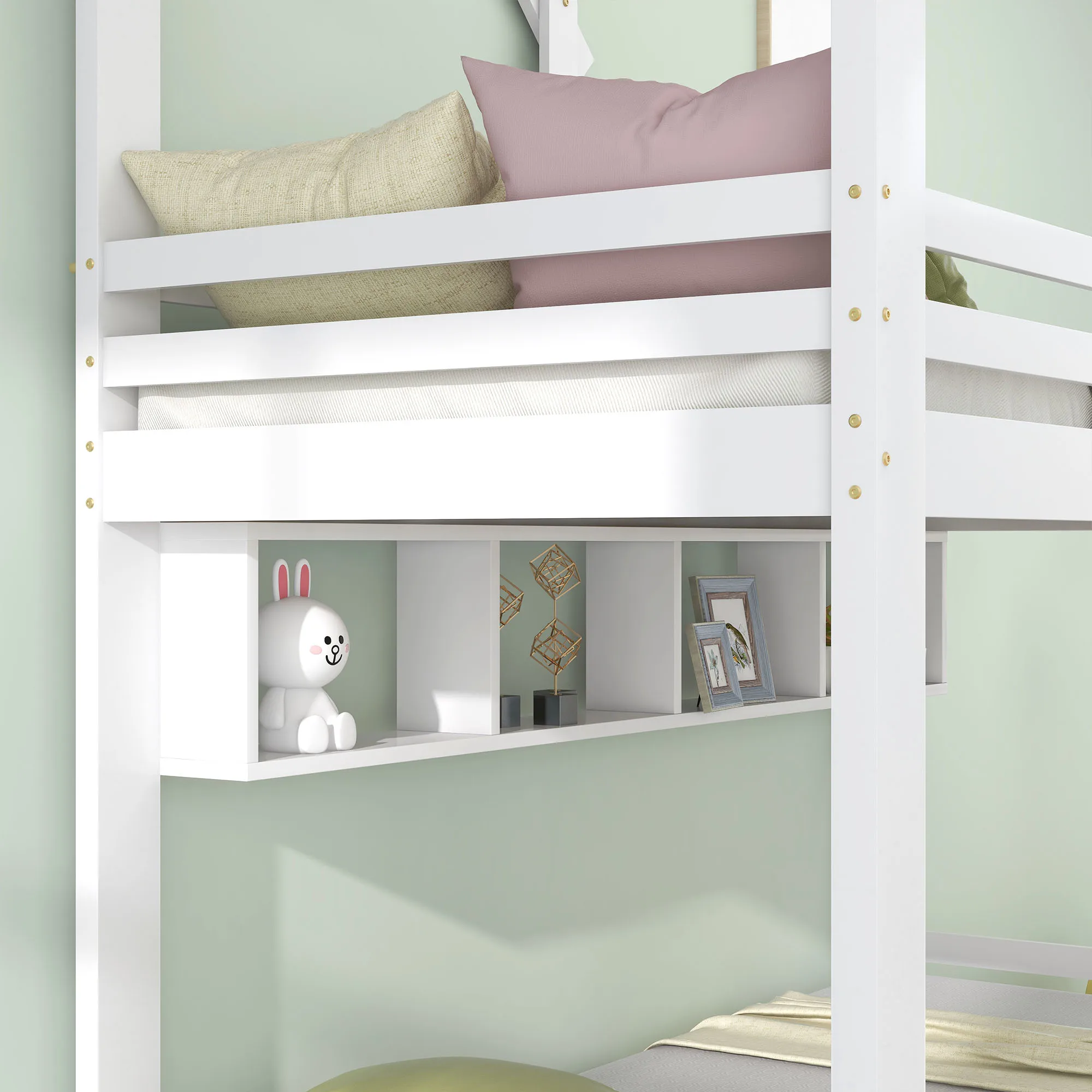 PINGGO Etagenbett mit Schubladen, Regalen, Hausbett, 3-stufige Leiter, Kiefernholzrahmen, Weiß, 90x200cm, Kinderbett mit Fallschirmgitter – Detail 2