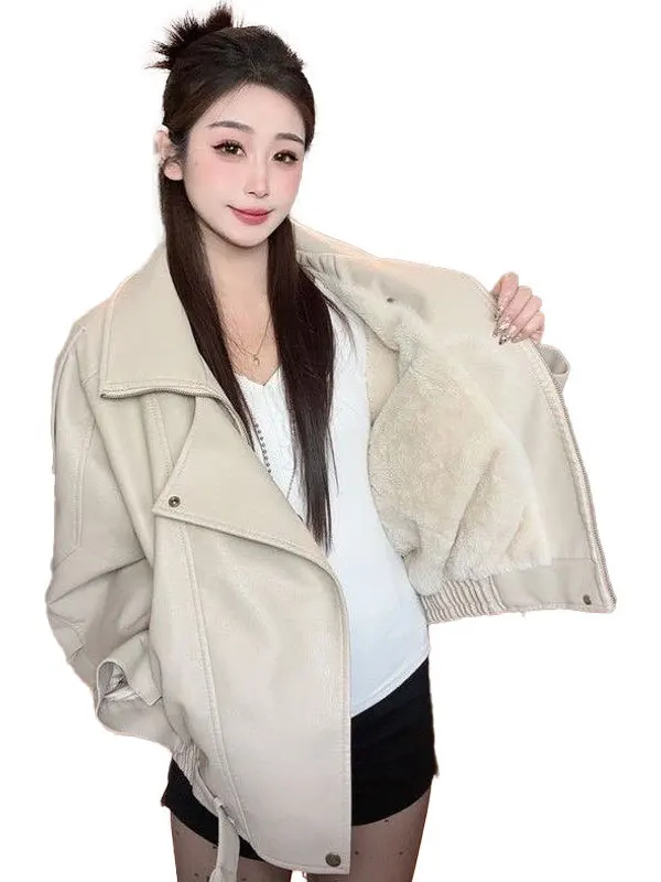 Kurtka skórzana damska Thiened Fce Jesień Zima Nowa Moda Harajuku Długa Luźna Kurtka Motocyklowa z Zamkiem Błyskawicznym...